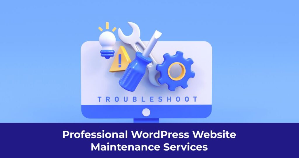 WordPress website maintenance services dashboard showing security, performance, and backup features